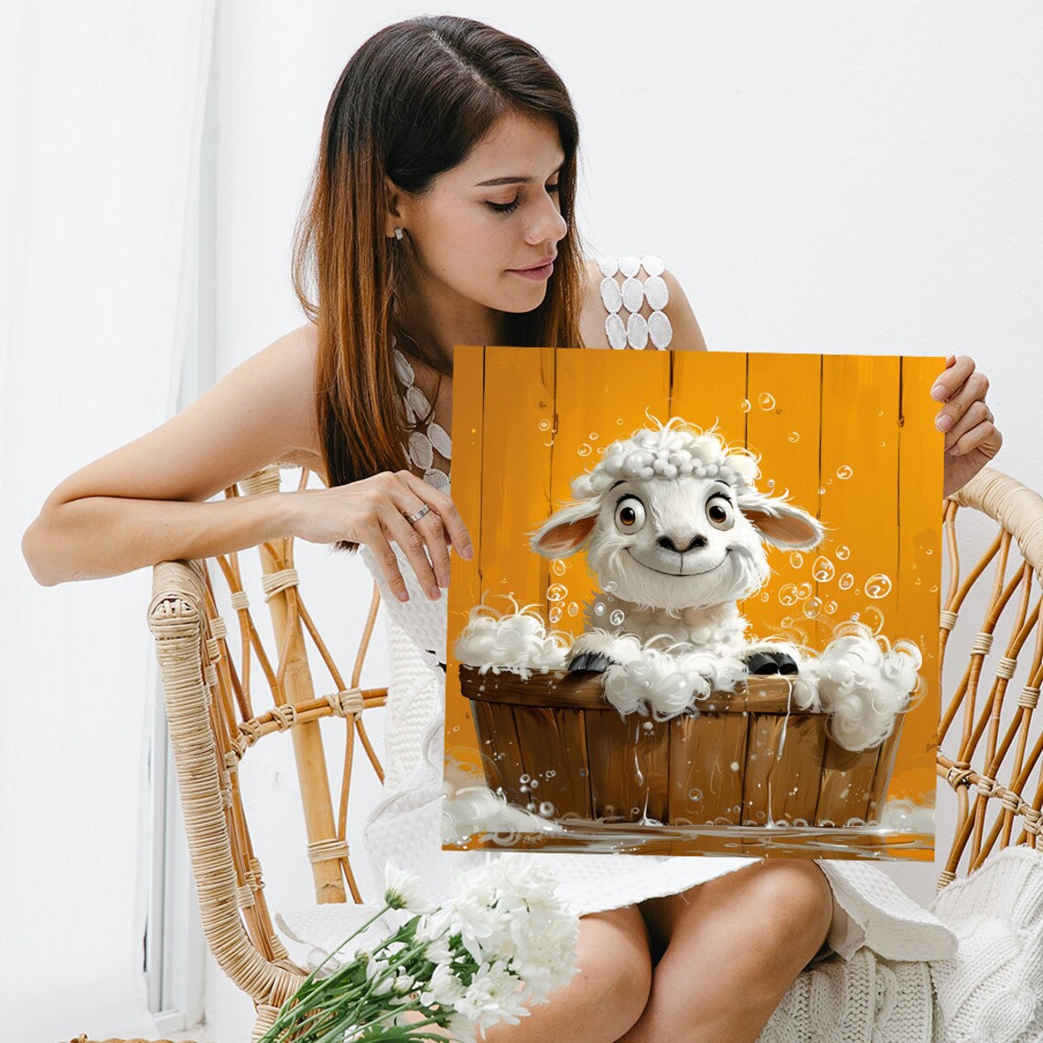 Bubbly Baby Lamb Bath Time Cute Cartoon Wooden Tub Whimsical Poster - Image 3