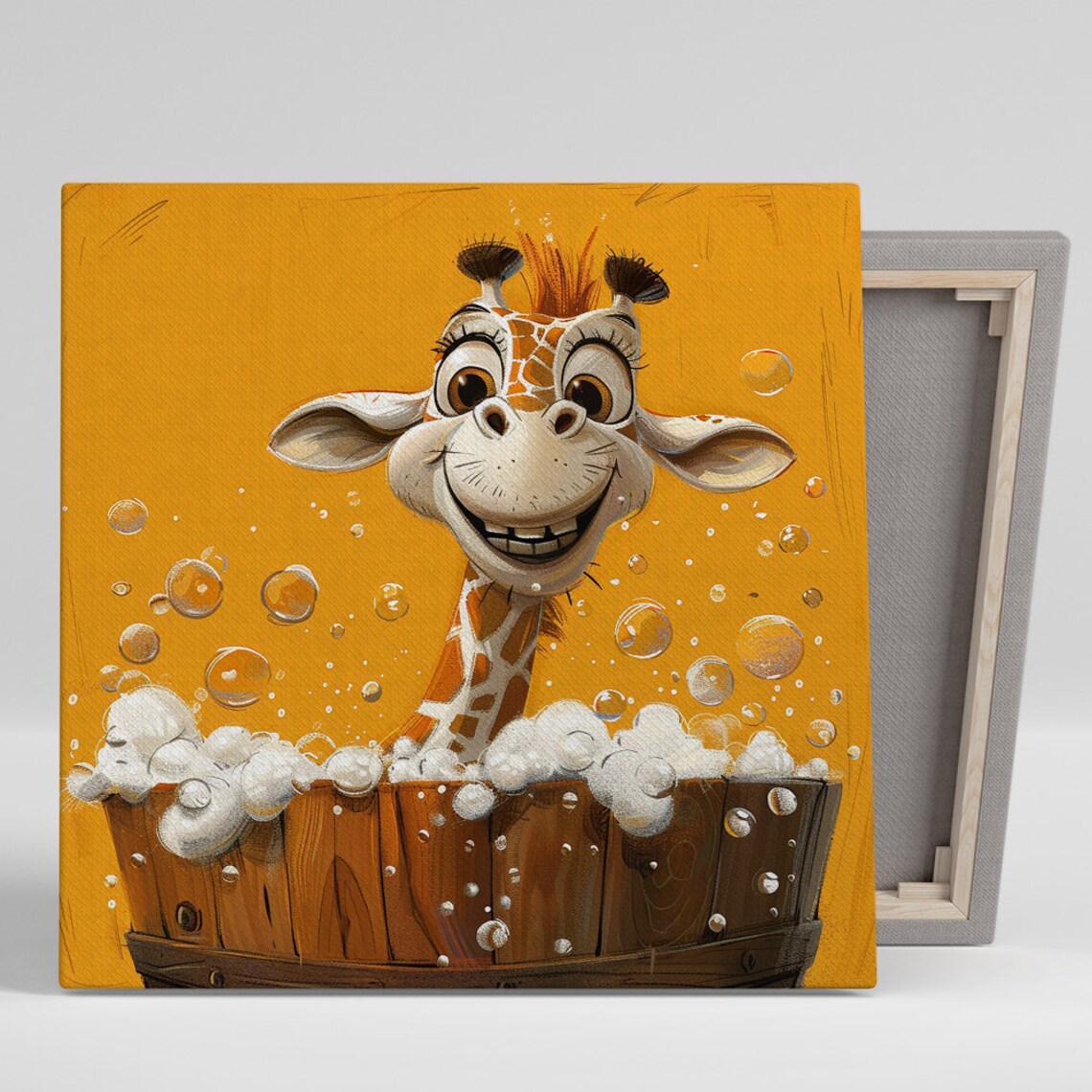 Baby Giraffe Bubble Bath In Wooden Tub Orange Background Fun Nursery Poster