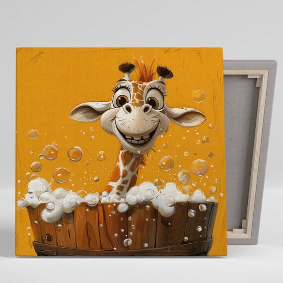 Baby Giraffe Bubble Bath In Wooden Tub Orange Background Fun Nursery Poster