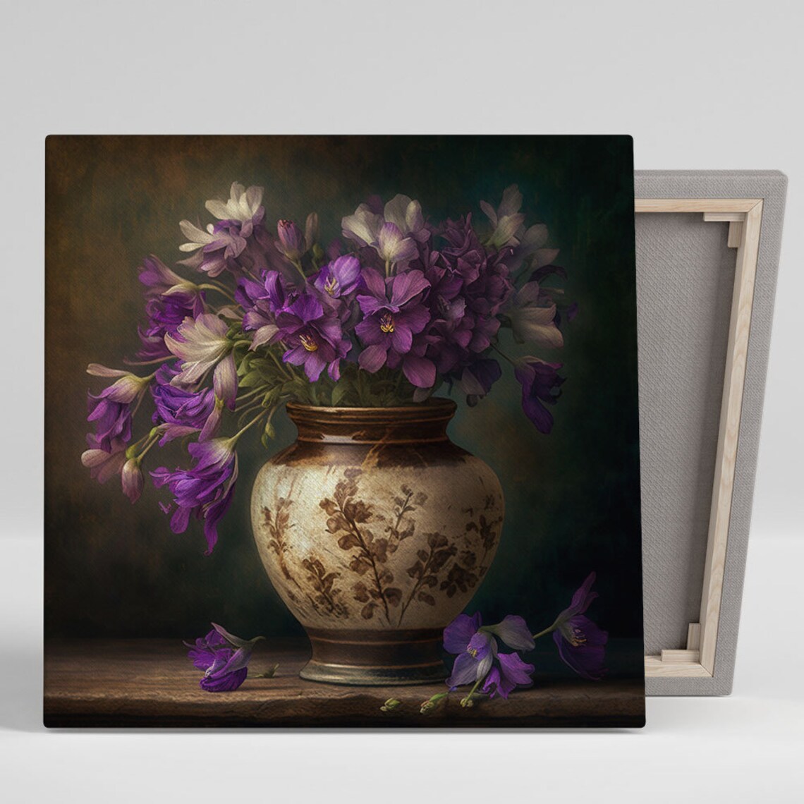 Purple Violet Flowers Still Life Vase Dark Moody Floral Canvas Poster