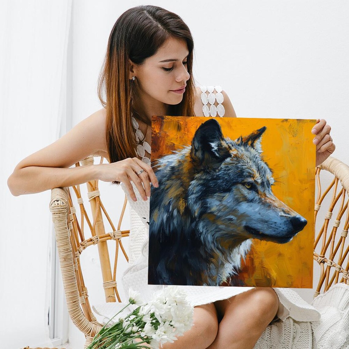 Wild Wolf Profile Oil Painting Golden Yellow Background Art Poster - Image 3