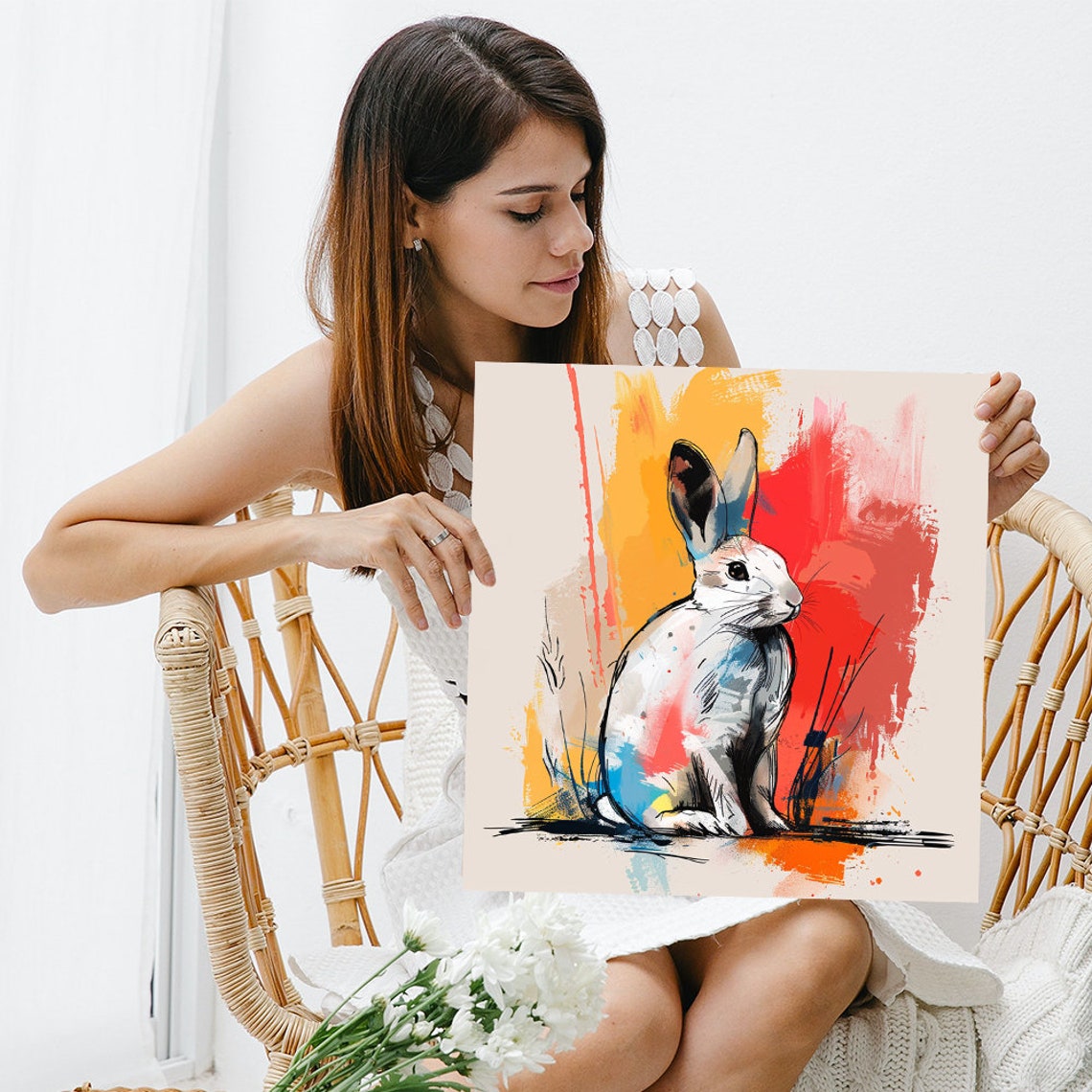 White Rabbit Paint Splash Abstract Whimsical Bunny Wall Art Poster - Image 3