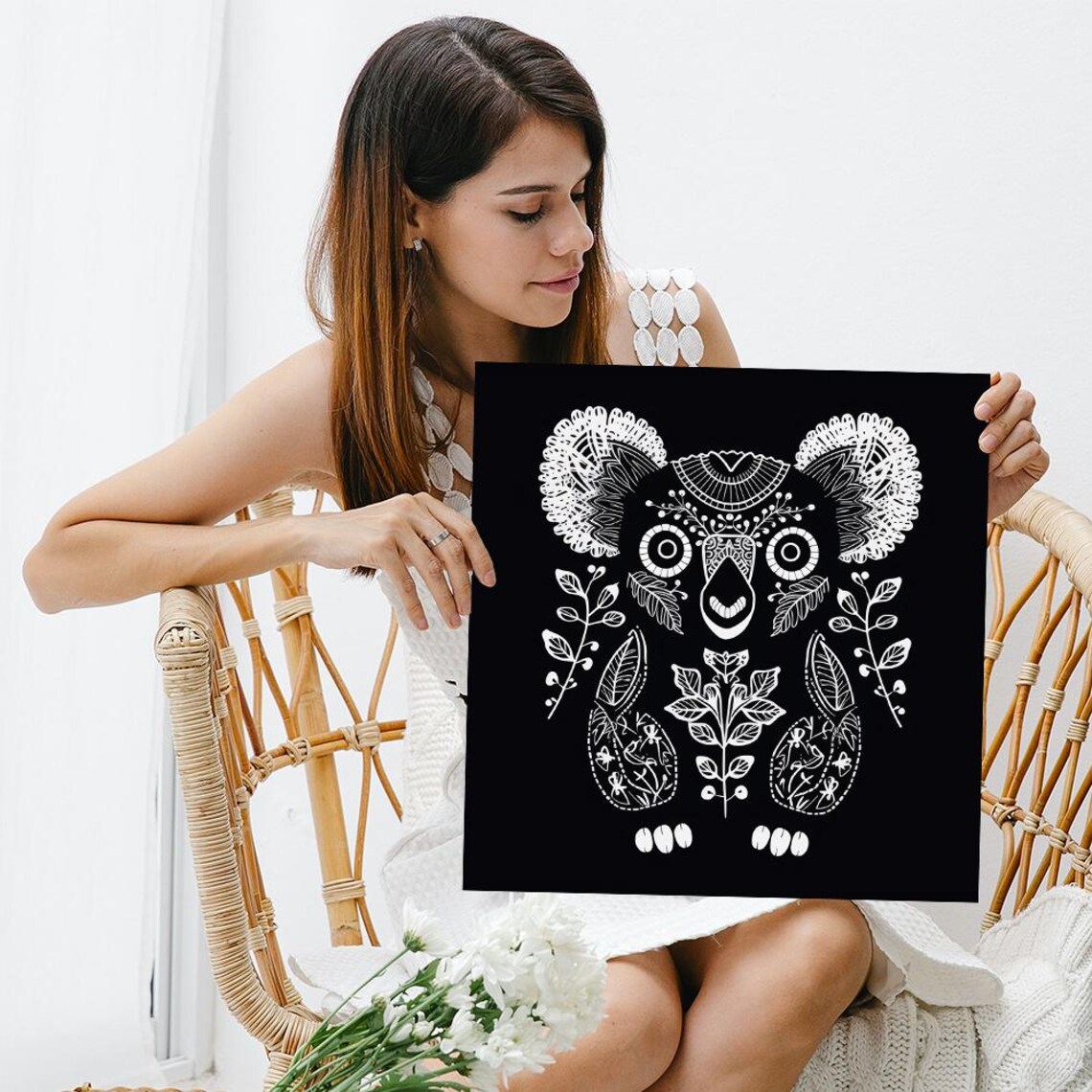 Koala Floral Line Art Portrait White on Black Bohemian Botanical Wall Art Poster - Image 3