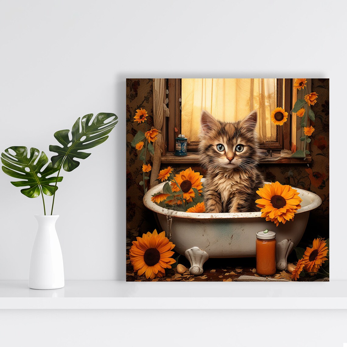 Fluffy Kitten in Vintage Bathtub with Sunflowers Rustic Farmhouse Poster - Image 2