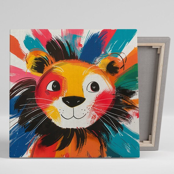 Lion Cub with Rainbow Brushstroke Mane Cheerful Kids Animal Wall Art
