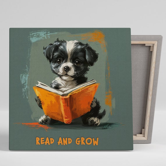 Puppy Literary Art Or Poster Whimsical Animal Decor Childrens Room Office Library Living Room Wall Art Black White Orange Grey