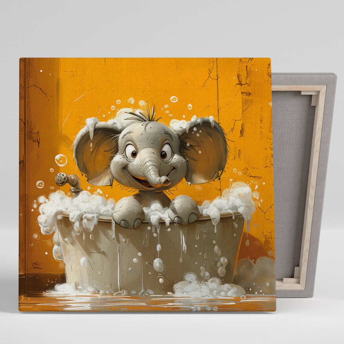 Playful Baby Elephant Bubble Bath Orange Background Whimsical Nursery Poster