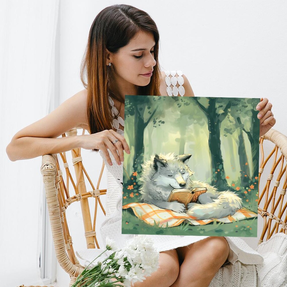 Cozy Wolf Reading Book In Forest Cute Animal Watercolor Wall Art Poster - Image 3
