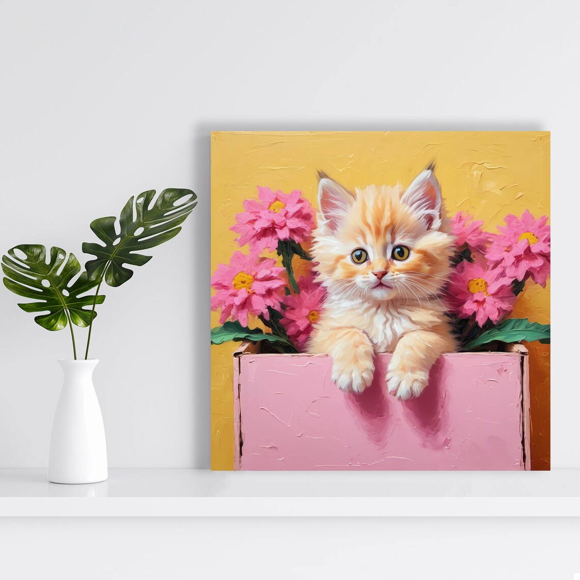 Fluffy Orange Kitten in Pink Box With Pink Flowers Cheerful Poster - Image 2