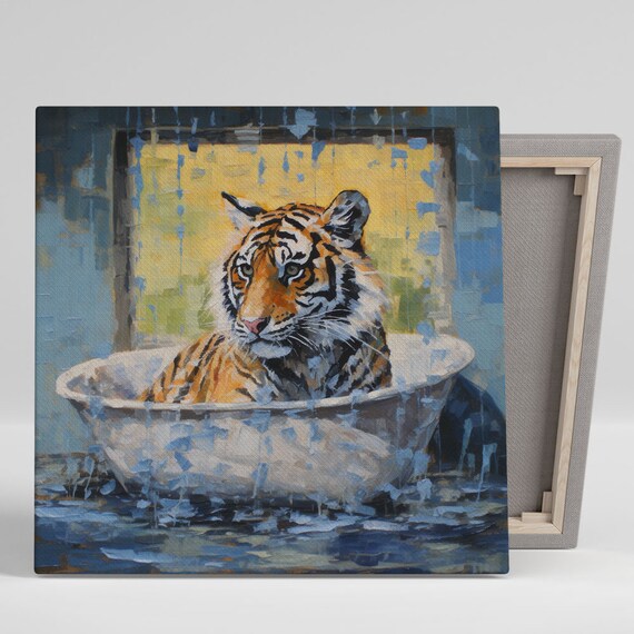 Tiger Relaxing In Bathtub Funny Bathroom Animal Portrait Canvas Poster