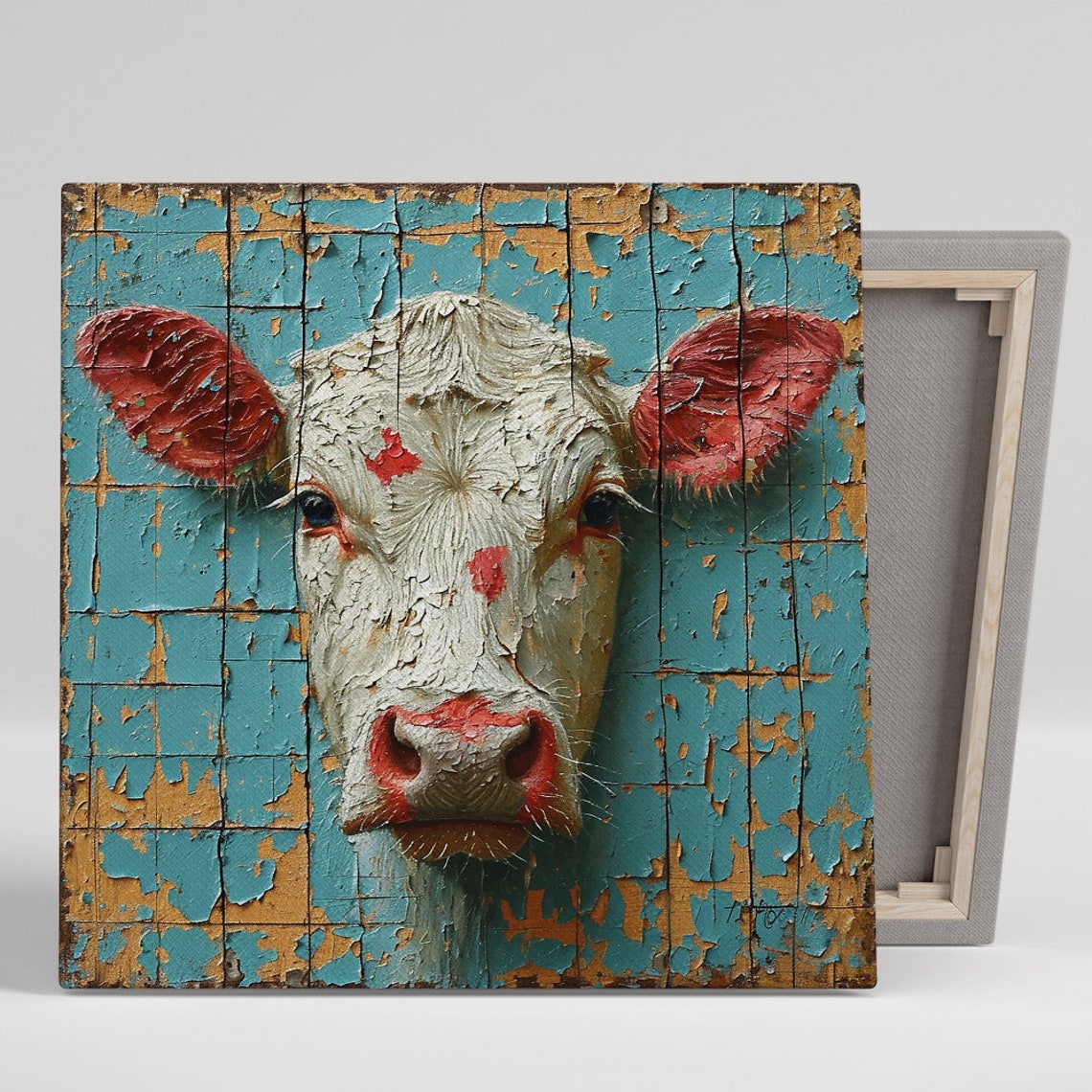 White Cow Portrait Distressed Turquoise Tile Rustic Farm Art Poster
