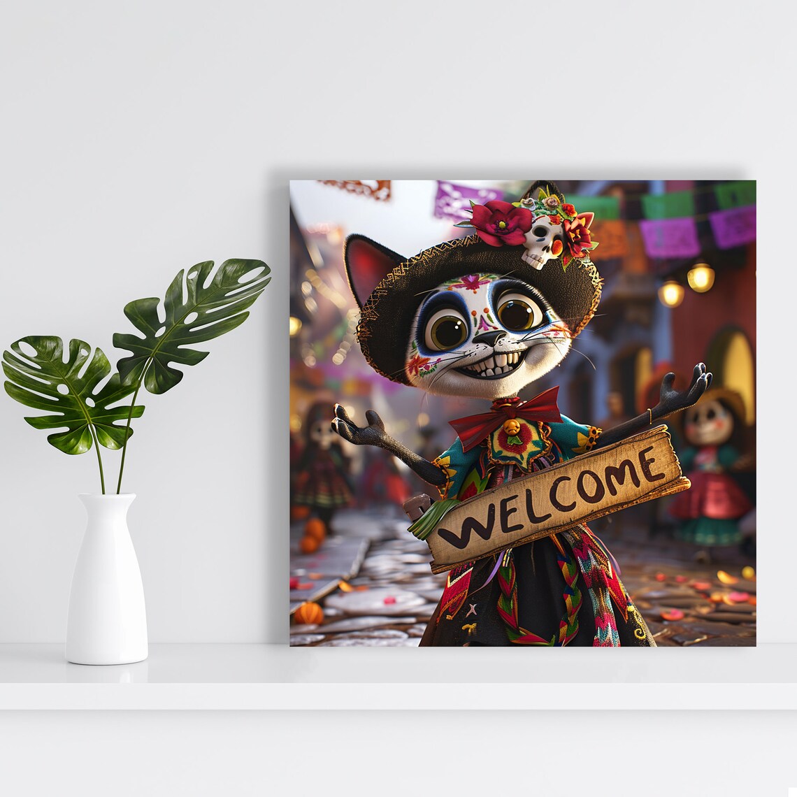 Welcome Sign Day of the Dead Cat Colorful Sugar Skull Folk Art Poster - Image 2