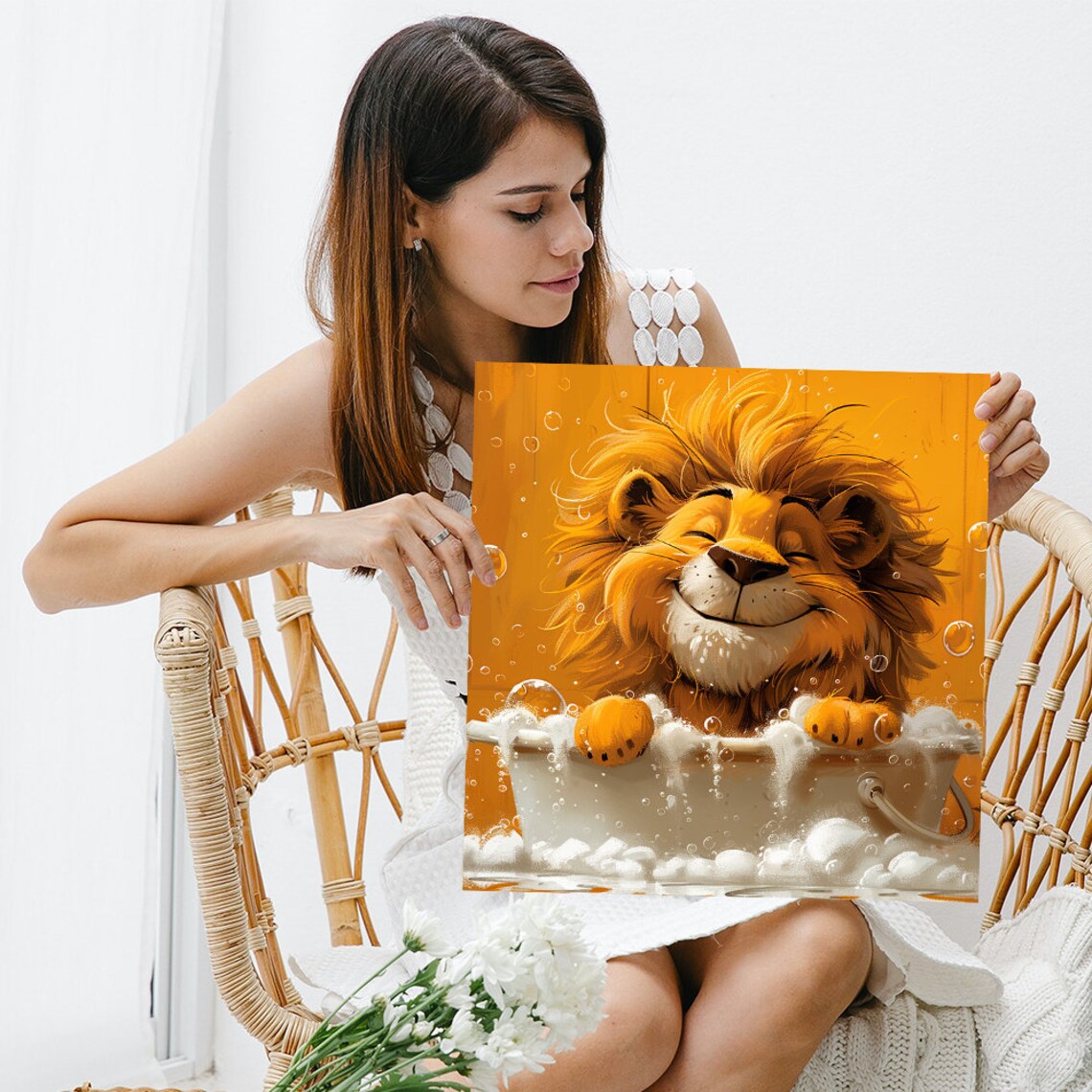 Happy Lion Bubble Bath Cartoon Cute Golden Whimsical Wall Poster - Image 3