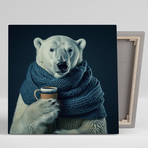Cozy Polar Coffee Break Art Or Poster Animal Modern Decor Living Room Office Bedroom Kitchen Wall Art White Blue Brown Black