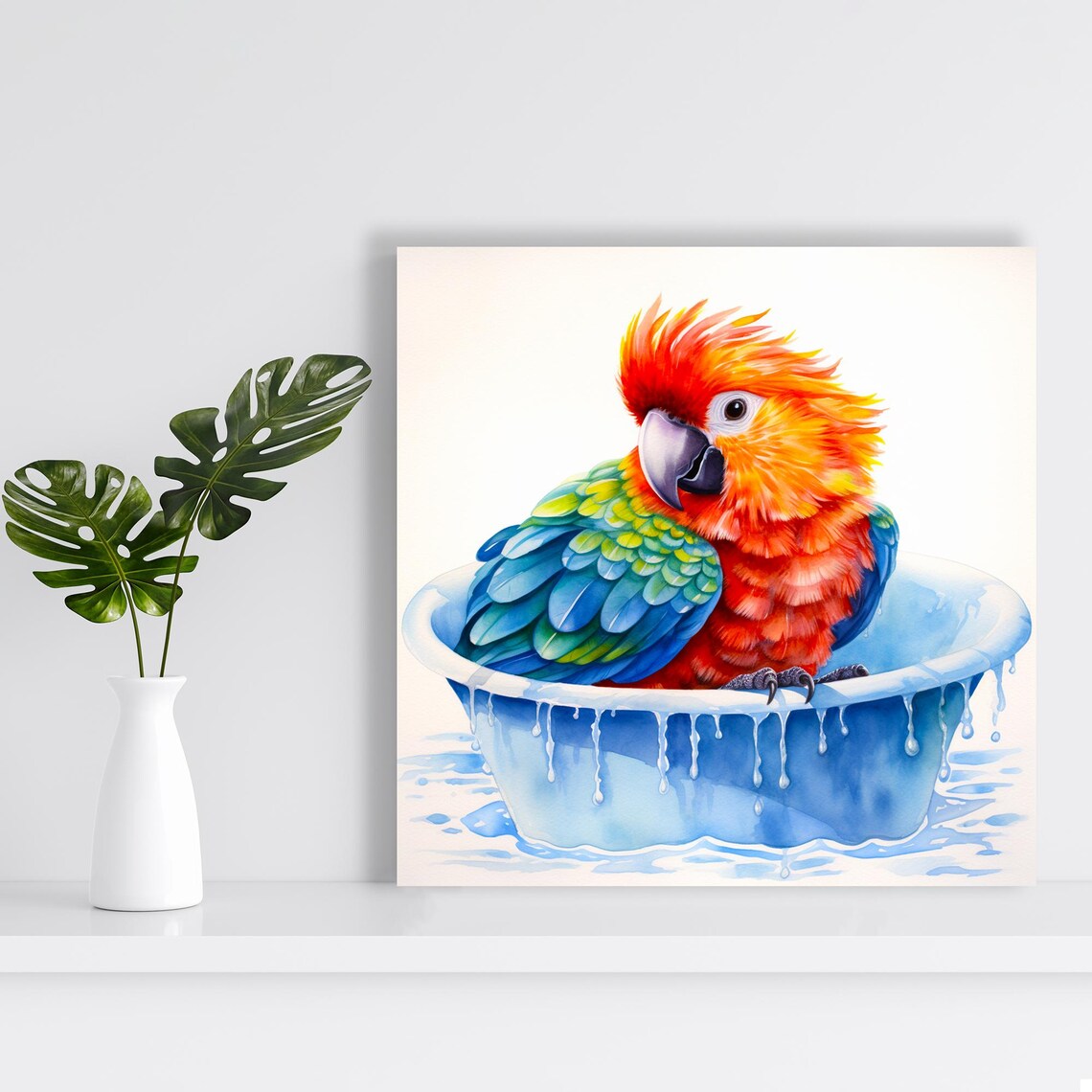 Parrot Bath Time Art Print, Tropical Animal Decor - Image 2