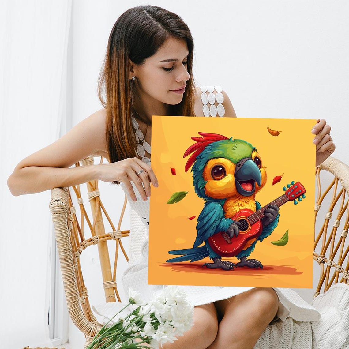 Cute Macaw Parrot Playing Red Guitar Cartoon Music Wall Art Poster - Image 3