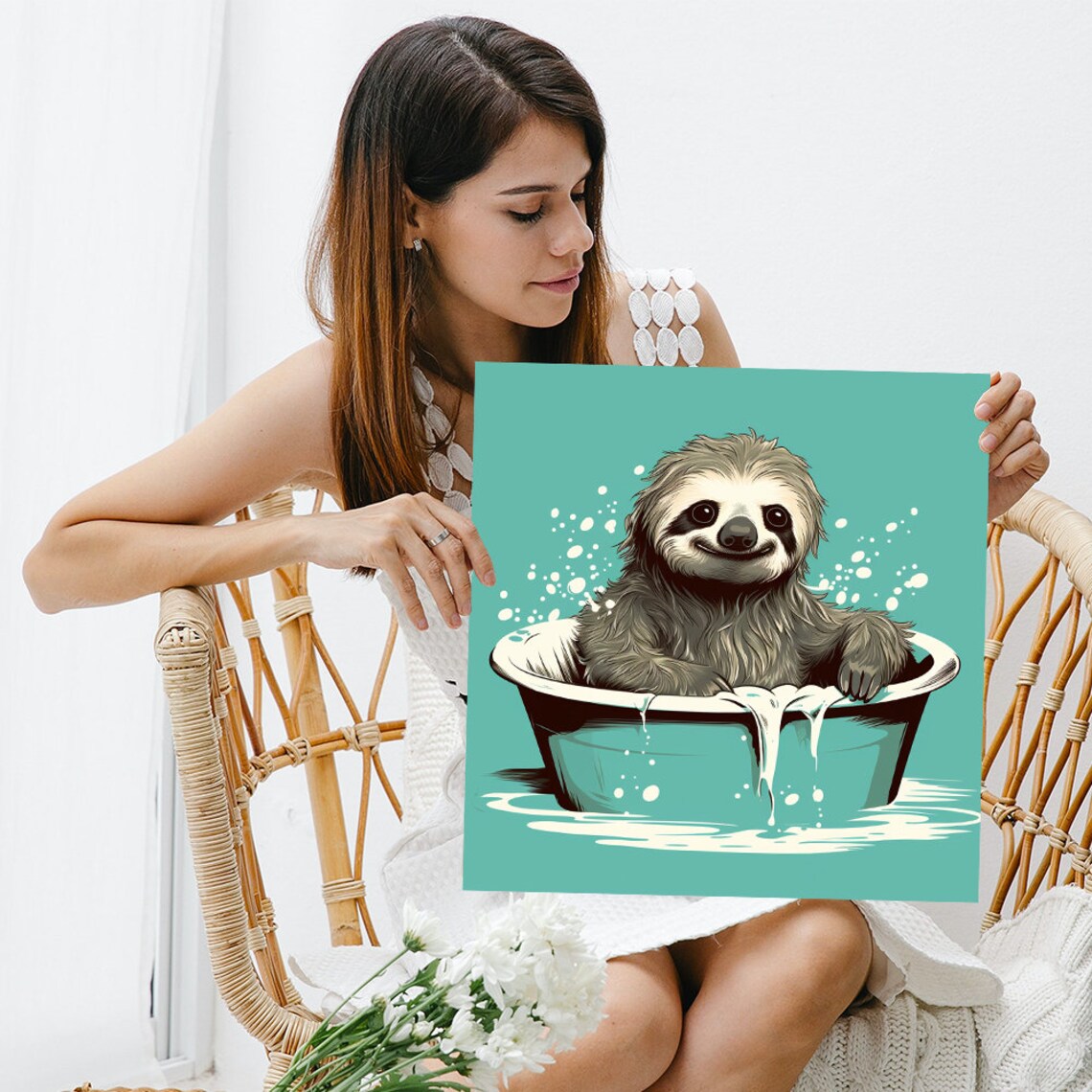 Sloth Bathing Bliss, Whimsical Contemporary Art Print - Image 3