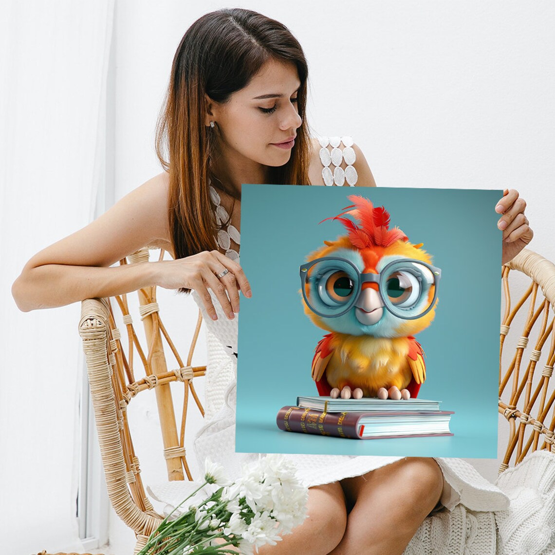 Wise Baby Owl Glasses Standing On Books Cute 3D Animal Poster - Image 3