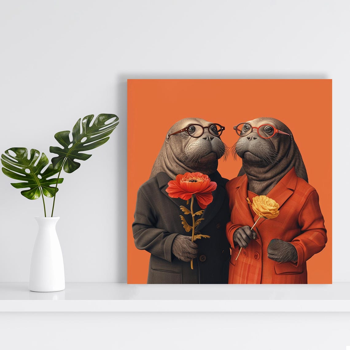 Dapper Walrus Couple Glasses Flowers Suits Orange Background Poster - Image 2