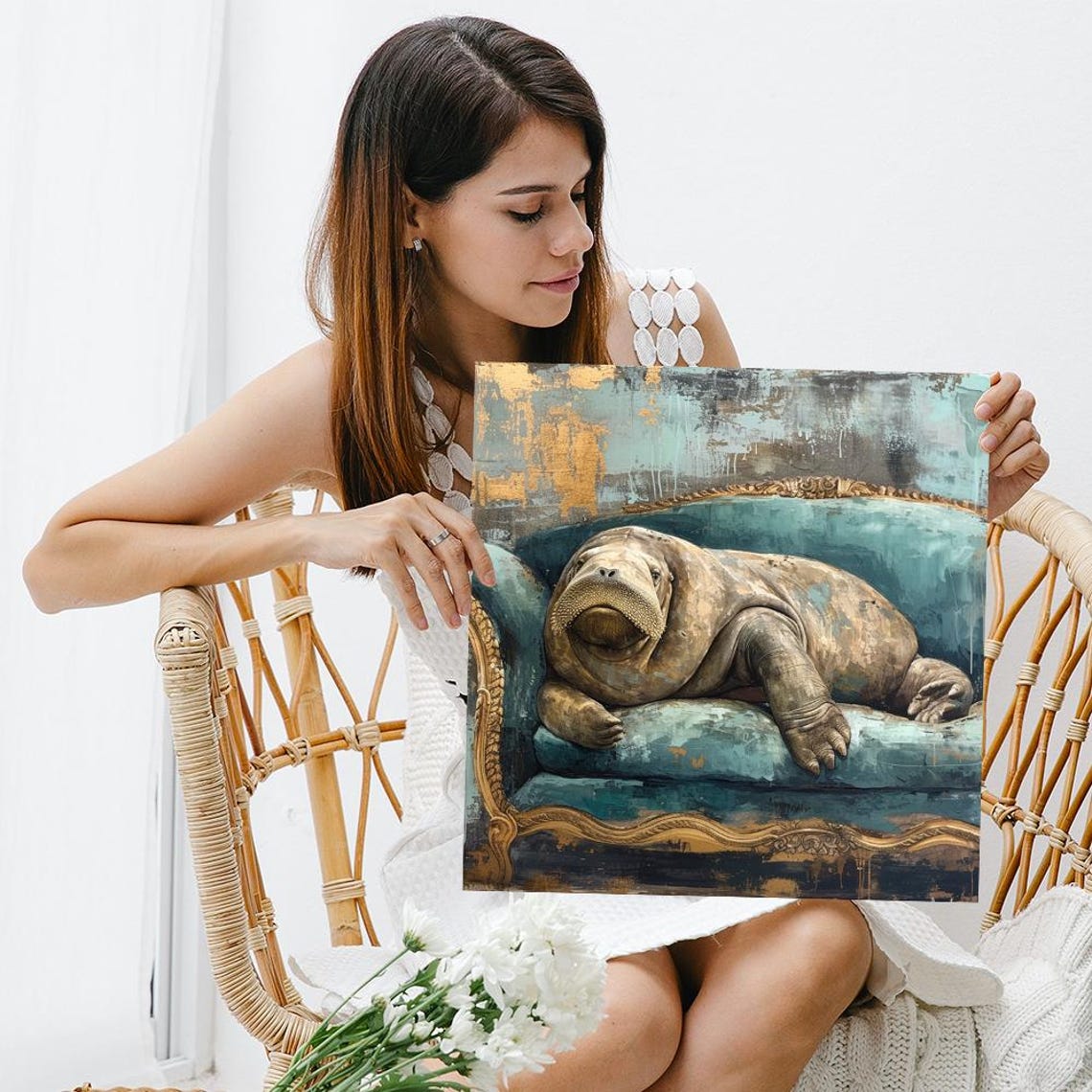 Regal Walrus Lounging On Teal Velvet Sofa Whimsical Art Poster - Image 3