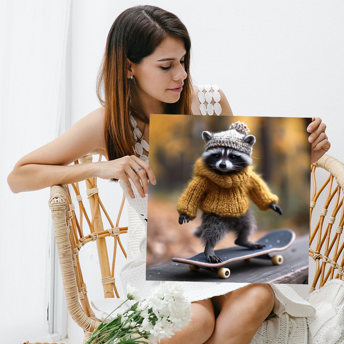 Skateboarding Raccoon Poster Cute Raccoon In Sweater Knit Hat Fall Print - Image 3