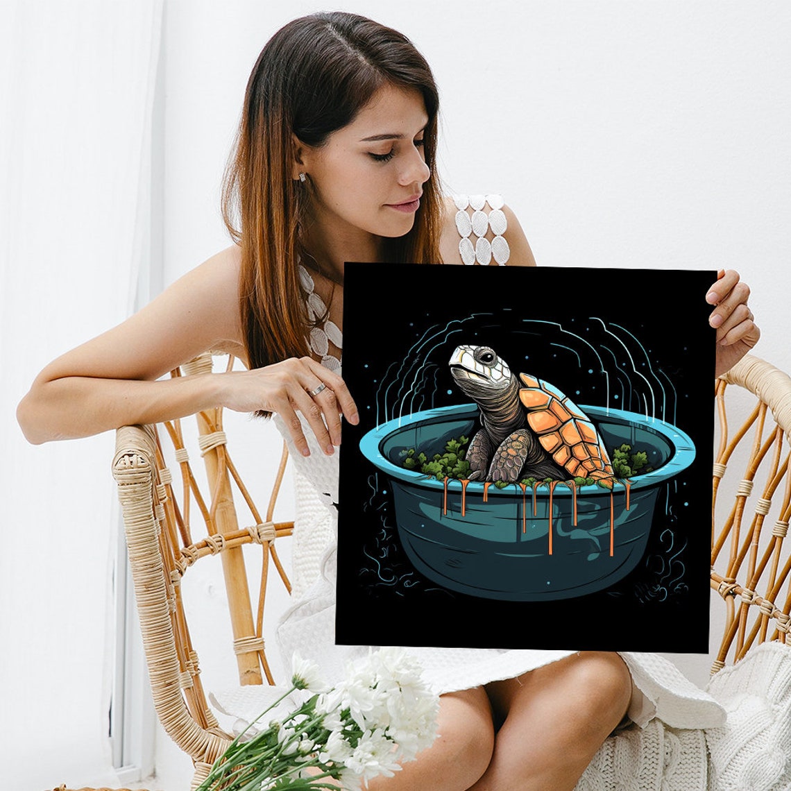 Cute Turtle Floating In Soup Bowl Playful Surreal Animal Art Poster - Image 3