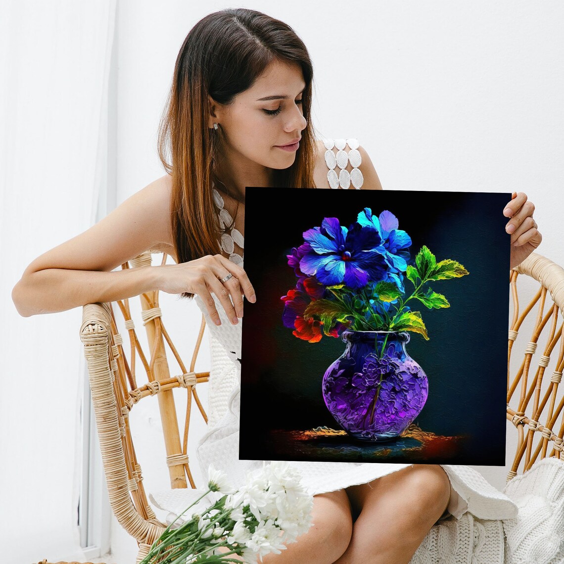 Blue Purple Flower Bouquet In Purple Vase Black Neon Glow Art Poster - Image 5