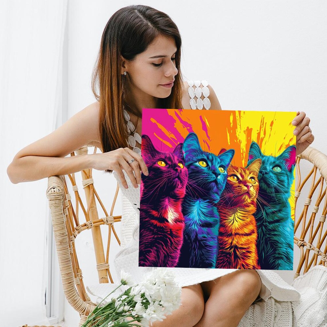 Colorful Cat Quartet Pop Art Neon Feline Portrait Wall Poster - Image 3