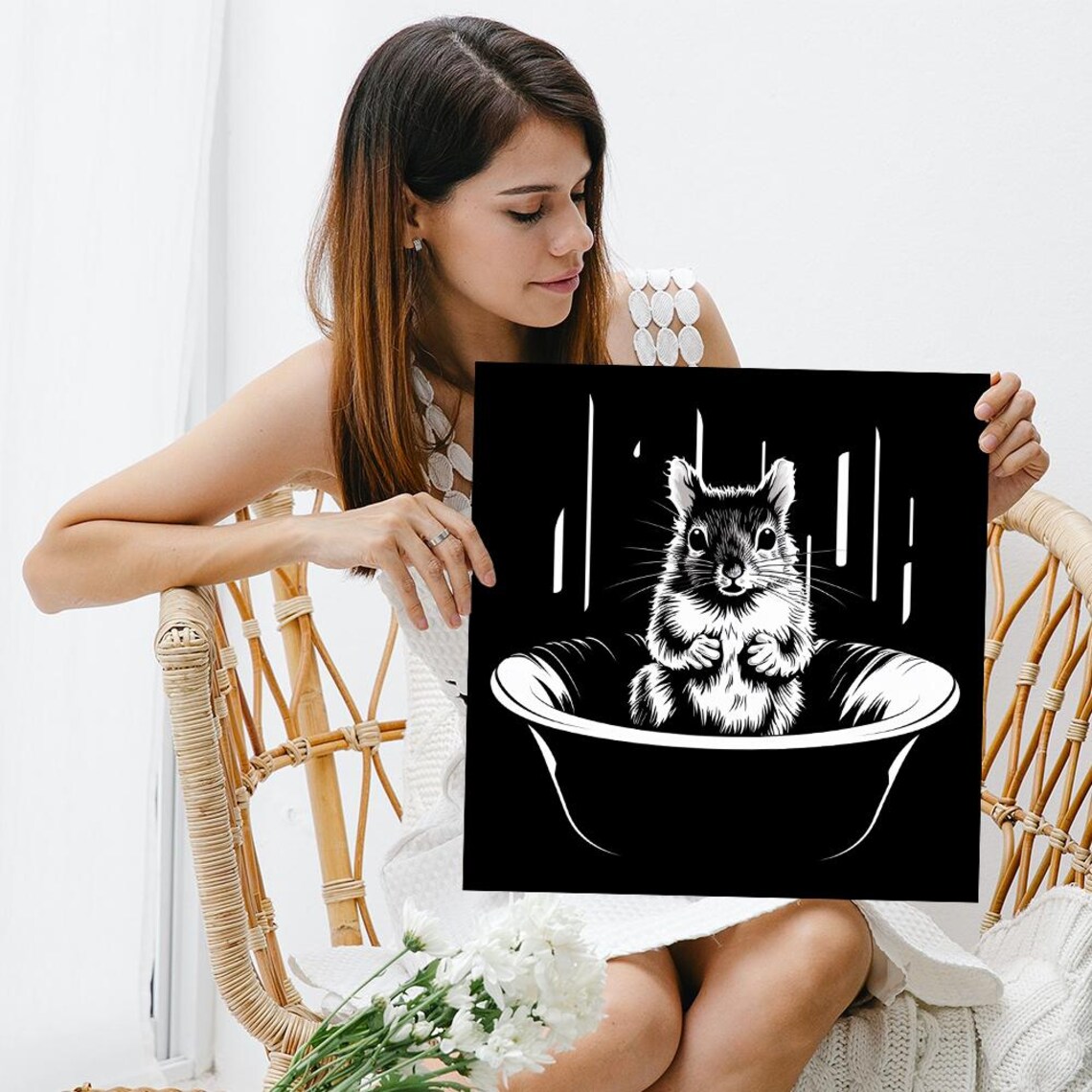 Black And White Squirrel In Bowl Minimalist Ink Illustration Poster - Image 3