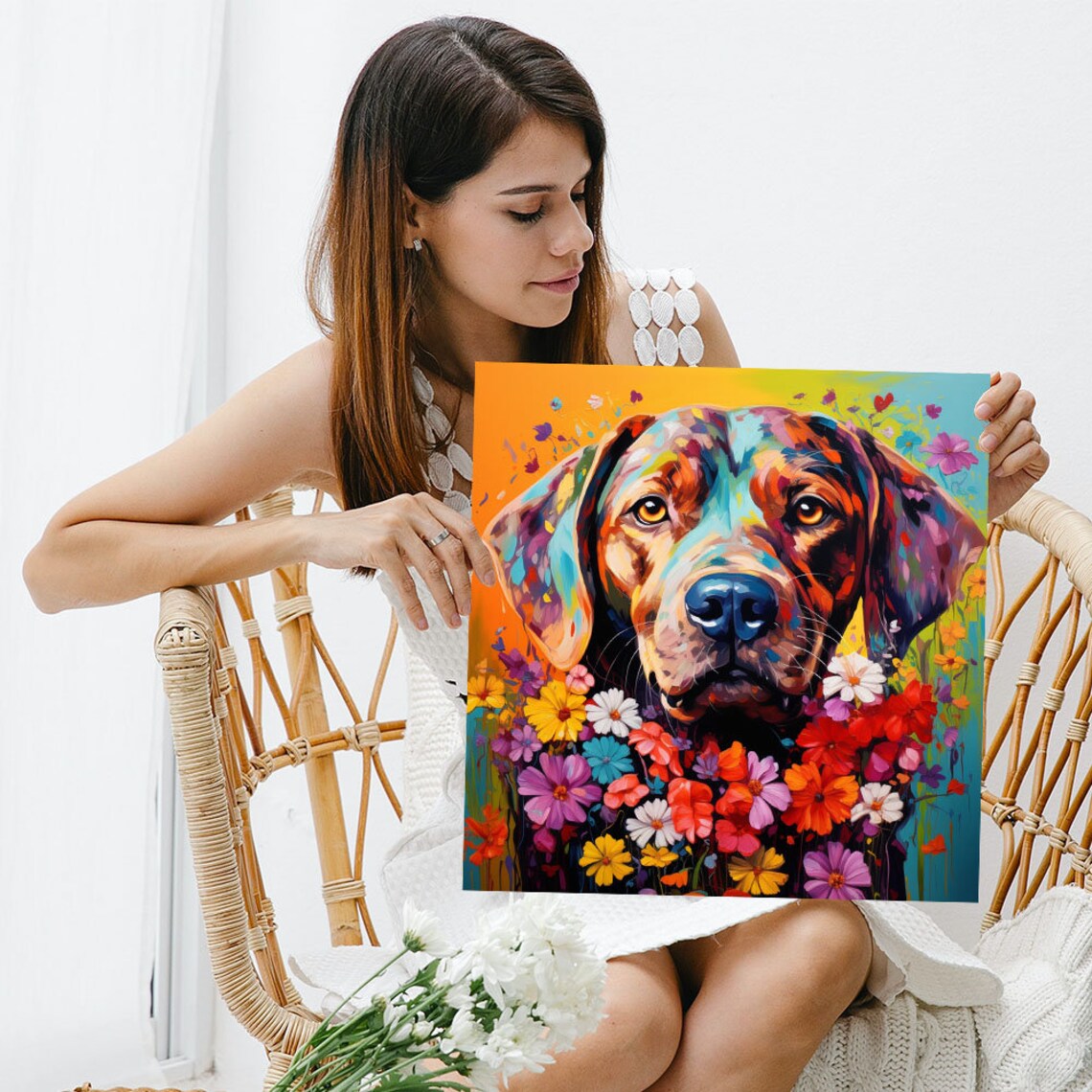 Dog With Flower Art Print, Whimsical Pet Decor - Image 5