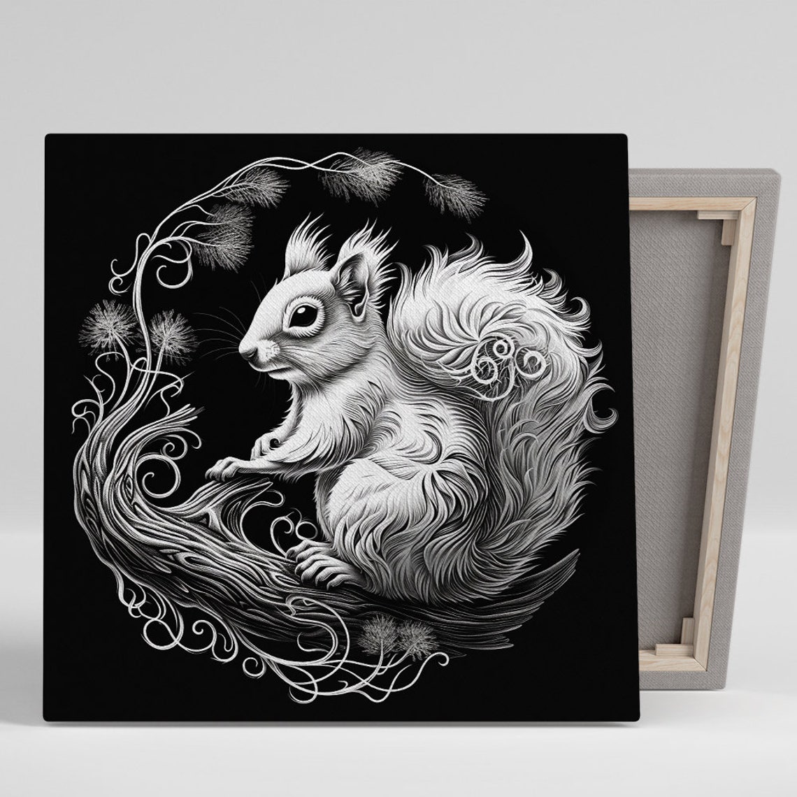 White Squirrel Line Art on Black Whimsical Forest Creature Wall Poster