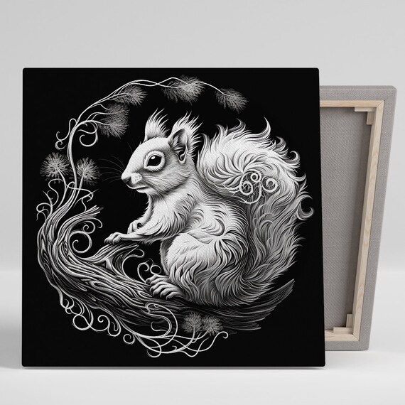 White Squirrel Line Art on Black Whimsical Forest Creature Wall Poster
