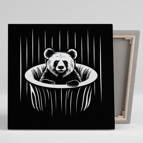 Monochrome Bear Bath In Black Tub Bold Black White Minimalist Animal Poster