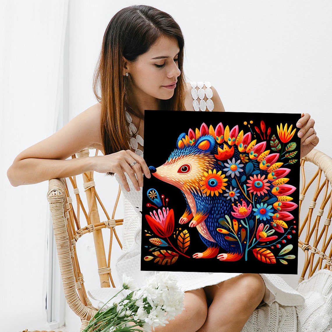 Colorful Folk Art Hedgehog With Blooming Flowers on Black Poster - Image 3