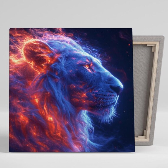 Cosmic Lion Blue Flames Nebula Portrait Fiery Eyes Surreal Wall Art Poster