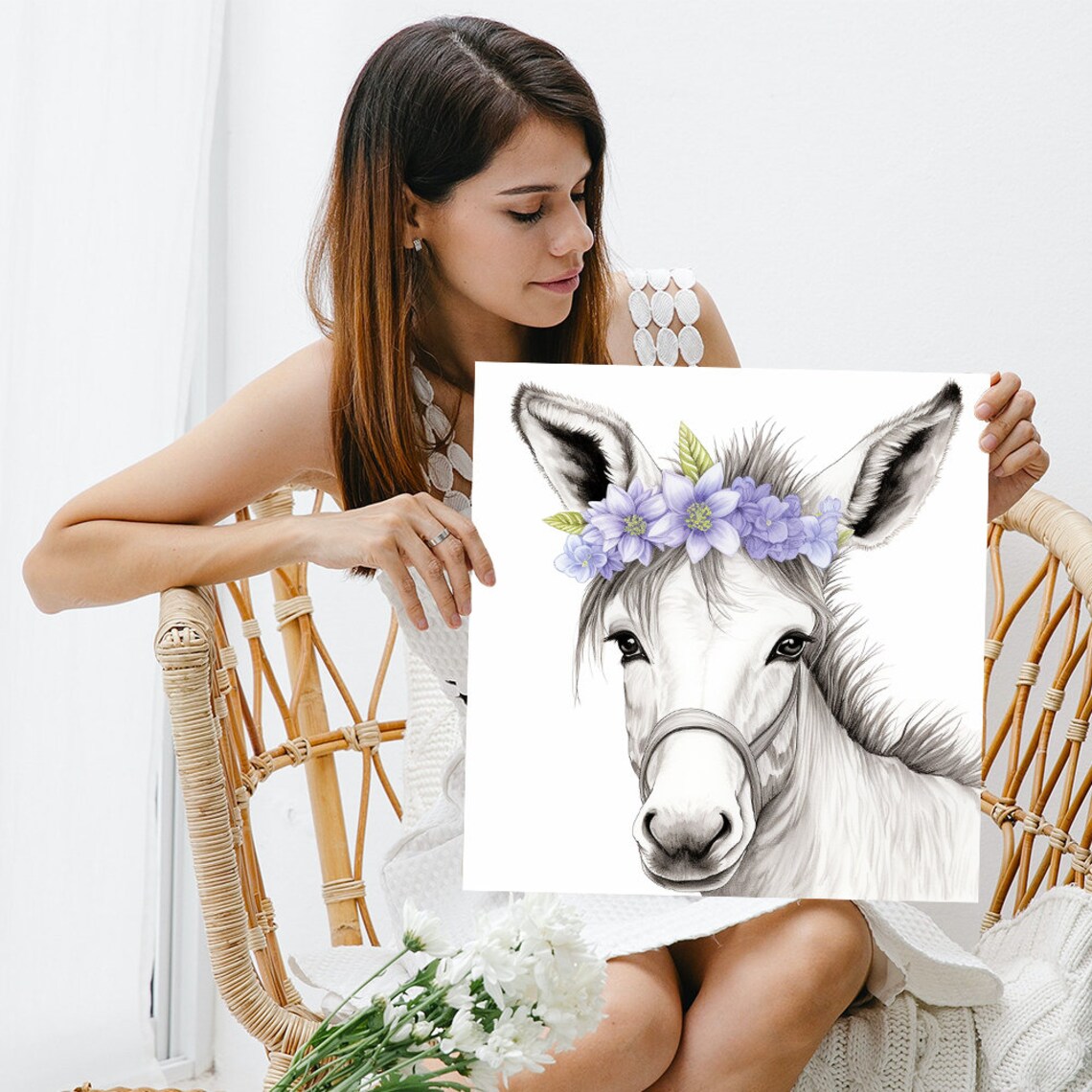 Floral Crown Donkey Art Print, Nursery Wall Decor - Image 3