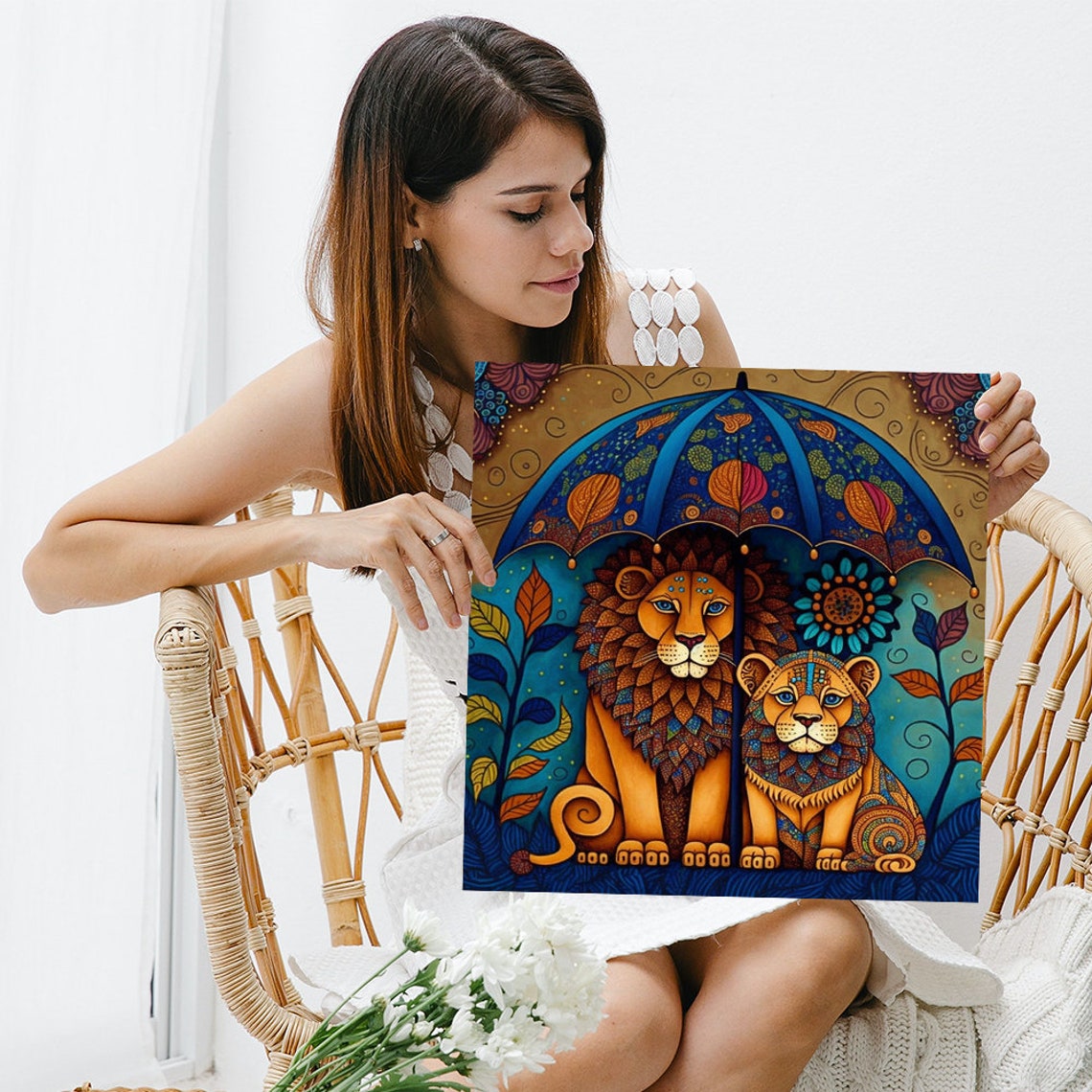Majestic Lions Under Decorated Blue Umbrella Folk Art Style Poster - Image 3