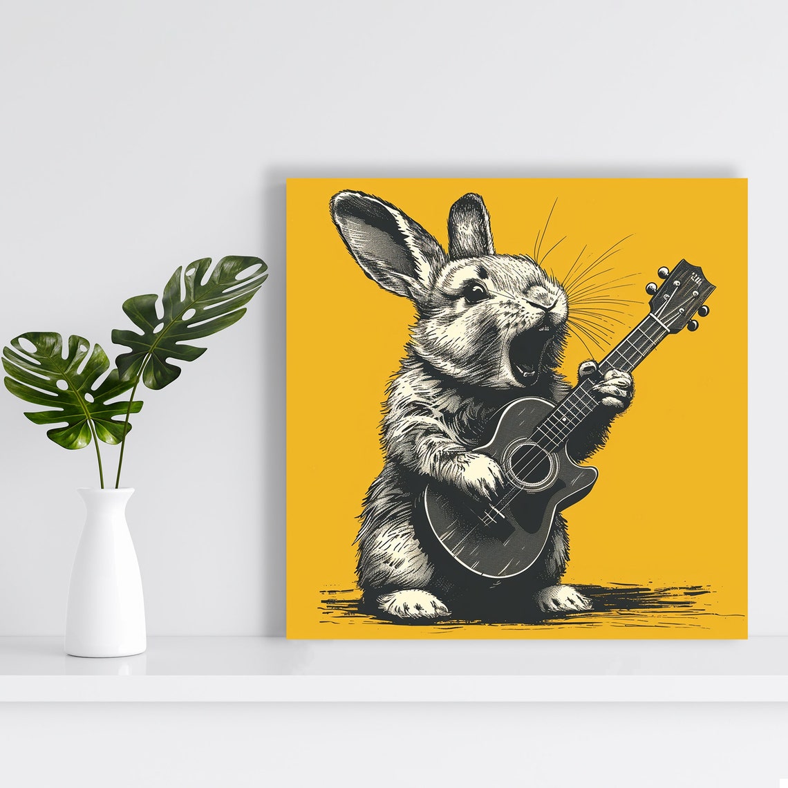 Rockstar Rabbit Playing Guitar Vintage Music Sketch Yellow Poster - Image 2