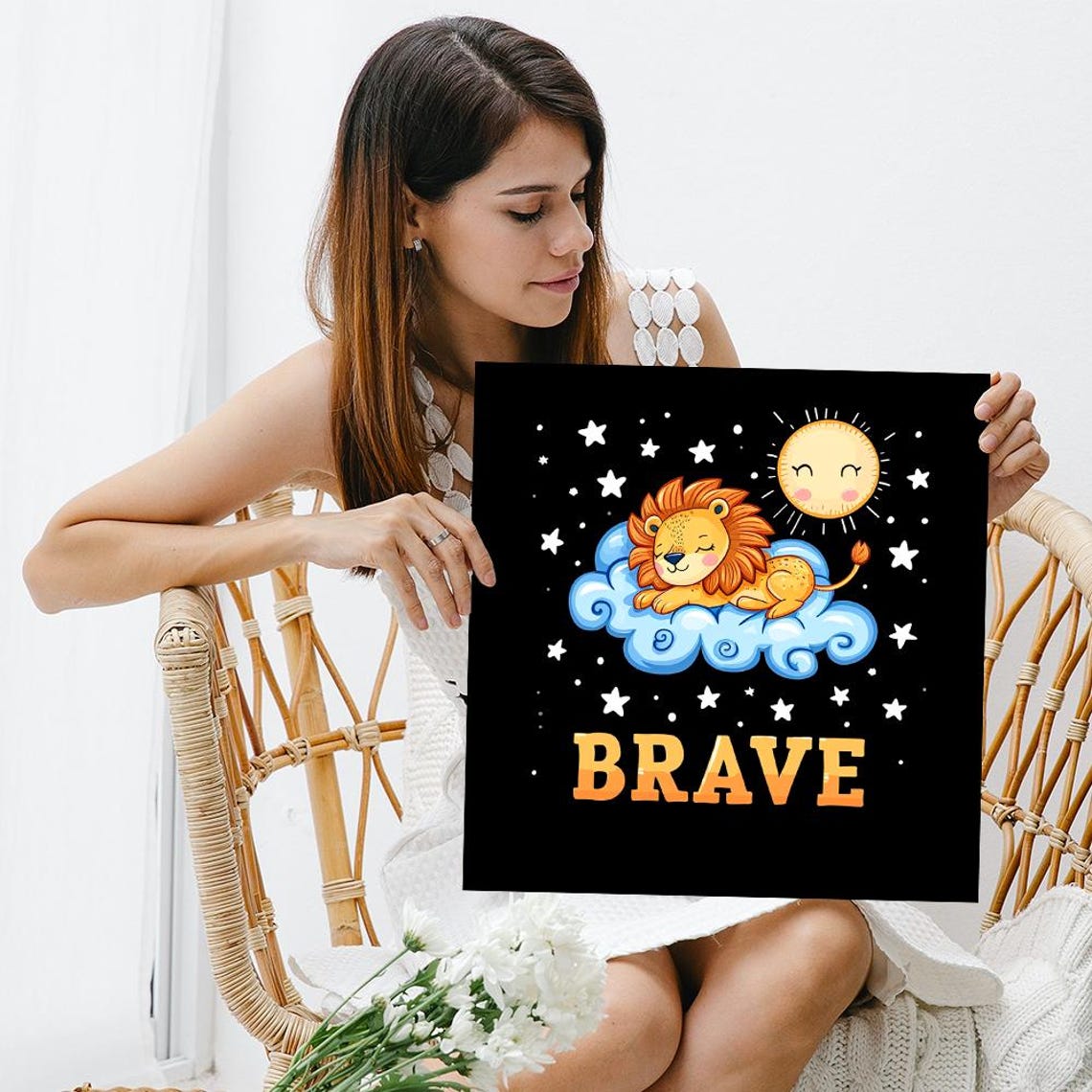 Brave Sleeping Lion Cloud Night Sky Stars Kids Motivational Art Poster - Image 3