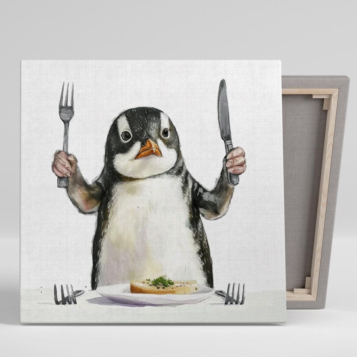 Hungry Penguin Fork Knife Fish Dinner Funny Watercolor Animal Poster