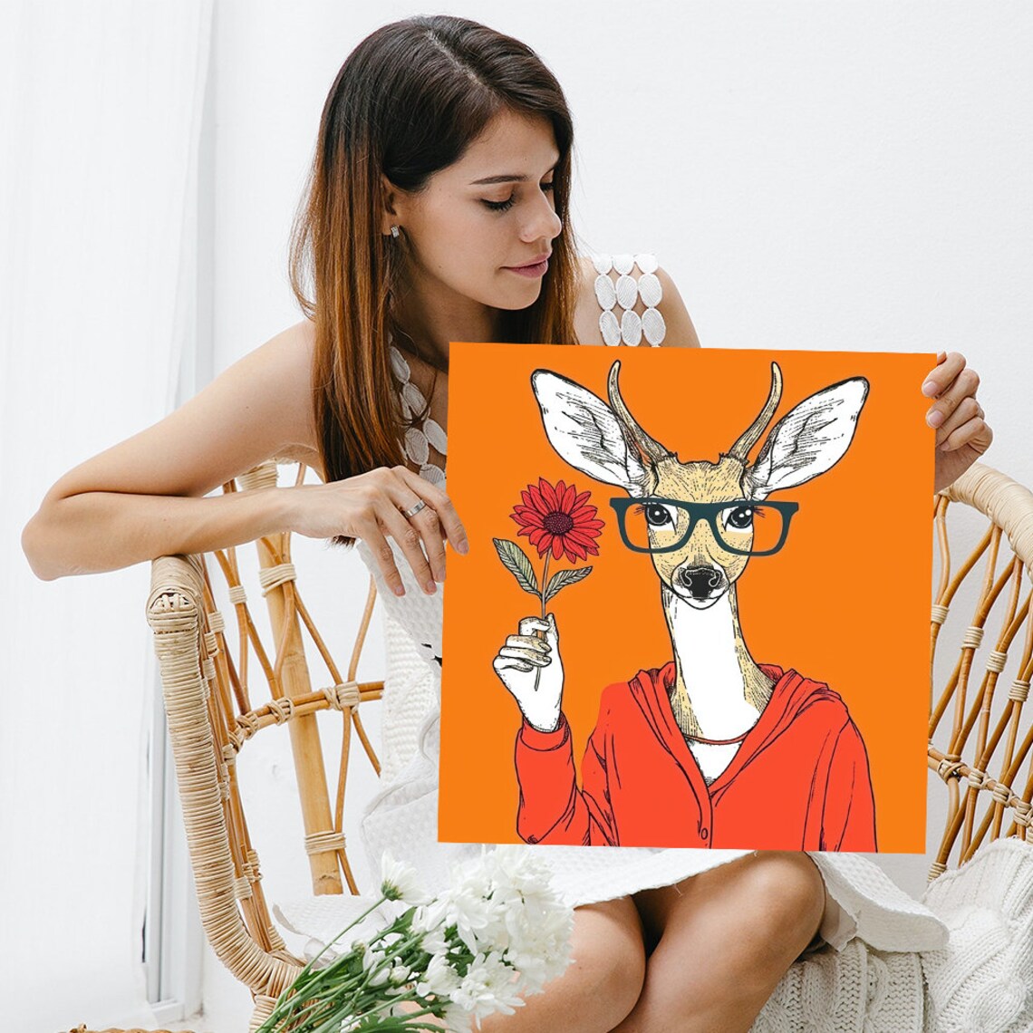 Hipster Deer in Glasses and Red Hoodie Holding Flower Bohemian Wall Art - Image 3