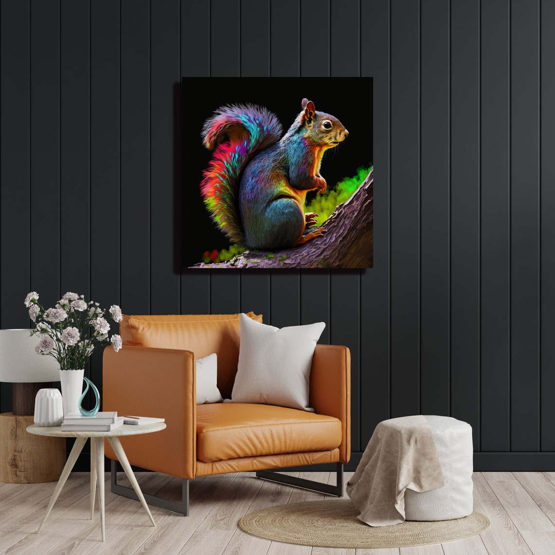 Neon Rainbow Squirrel Branch Perched Colorful Wildlife Wall Poster - Image 2