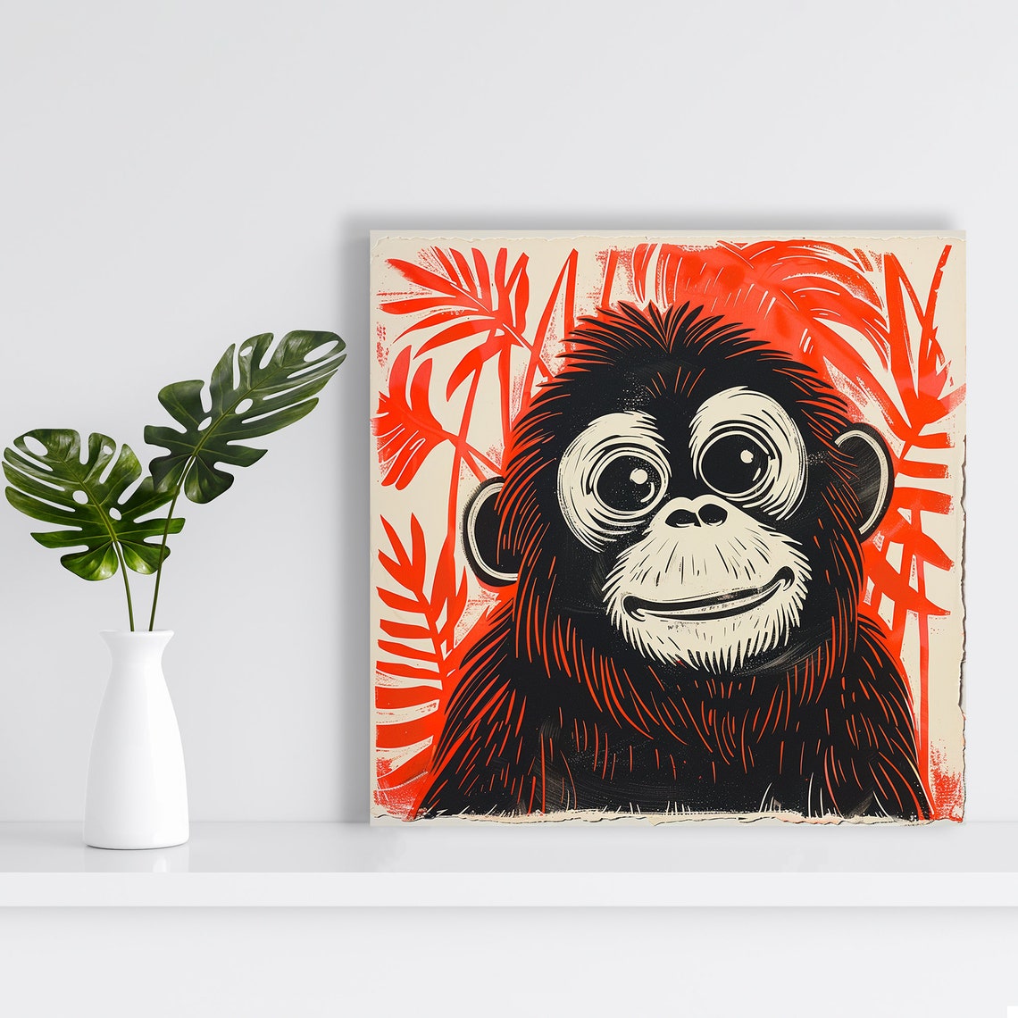 Bold Red Monkey Face Line Art Tropical Vintage Style Wall Poster - Image 2