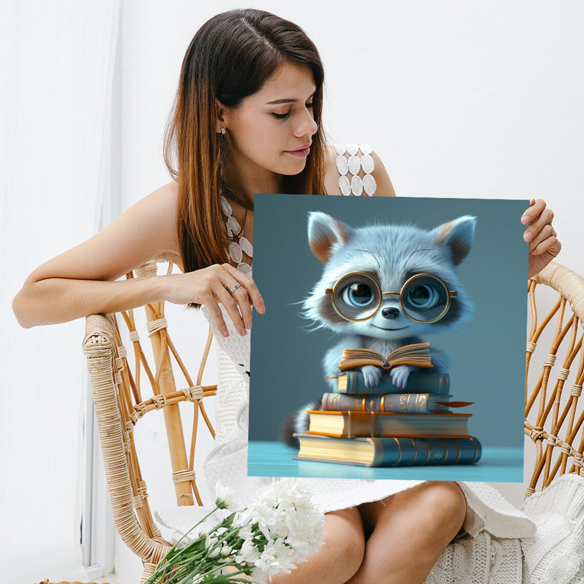 Baby Raccoon With Glasses Reading Books Cute Smart Nursery Wall Poster - Image 3