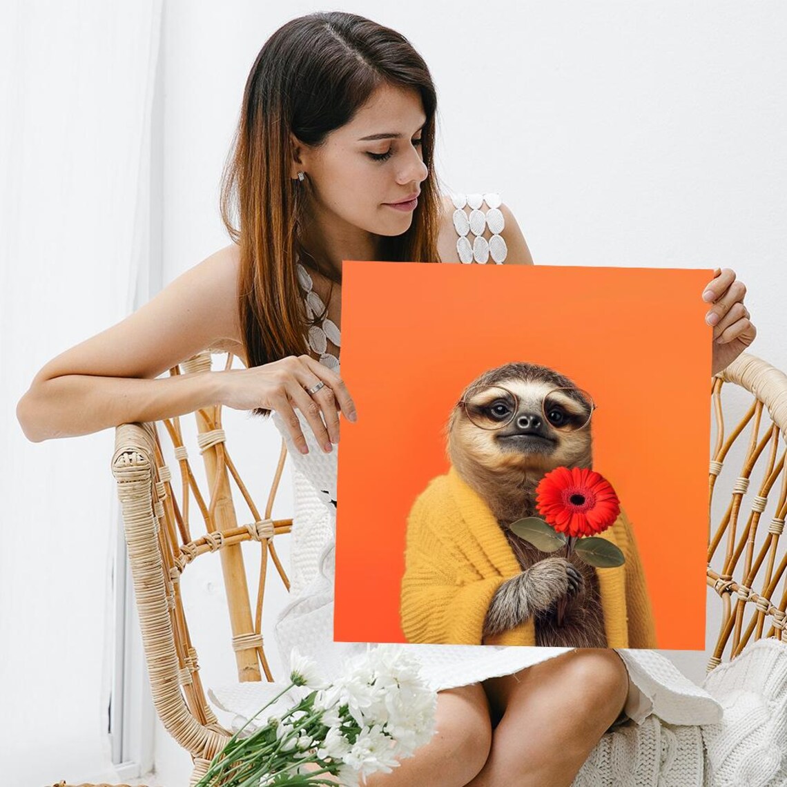 Intellectual Sloth With Round Glasses Holding Red Flower Orange Wall Poster - Image 3