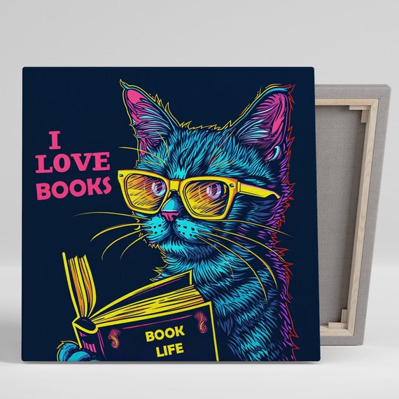 Bookworm Kitty Wall Art Or Poster Pop Art Eclectic Decor Library Office Living Room Bedroom Wall Art Blue Pink Yellow Multicolor