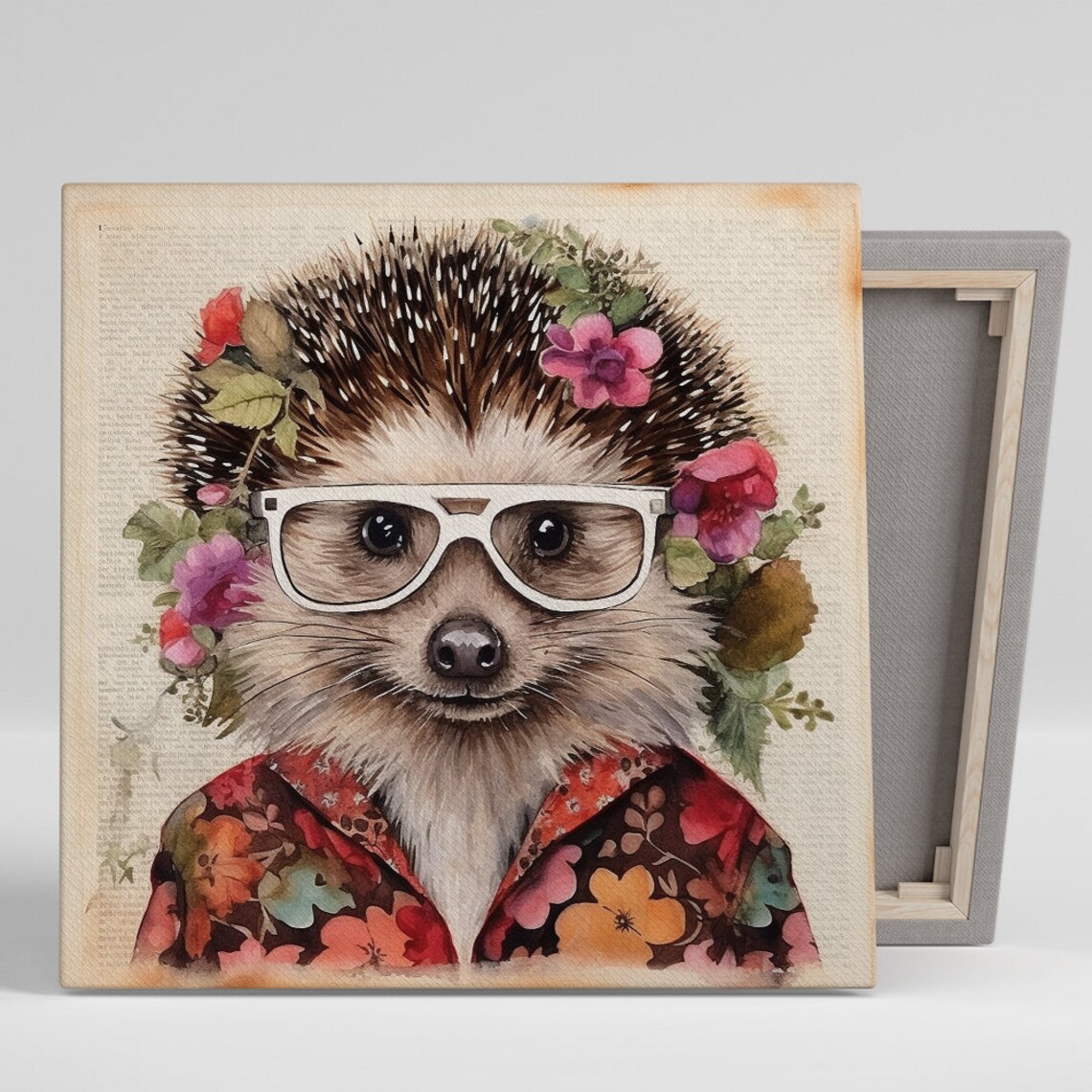 Hipster Hedgehog With White Glasses and Floral Shirt Whimsical Poster