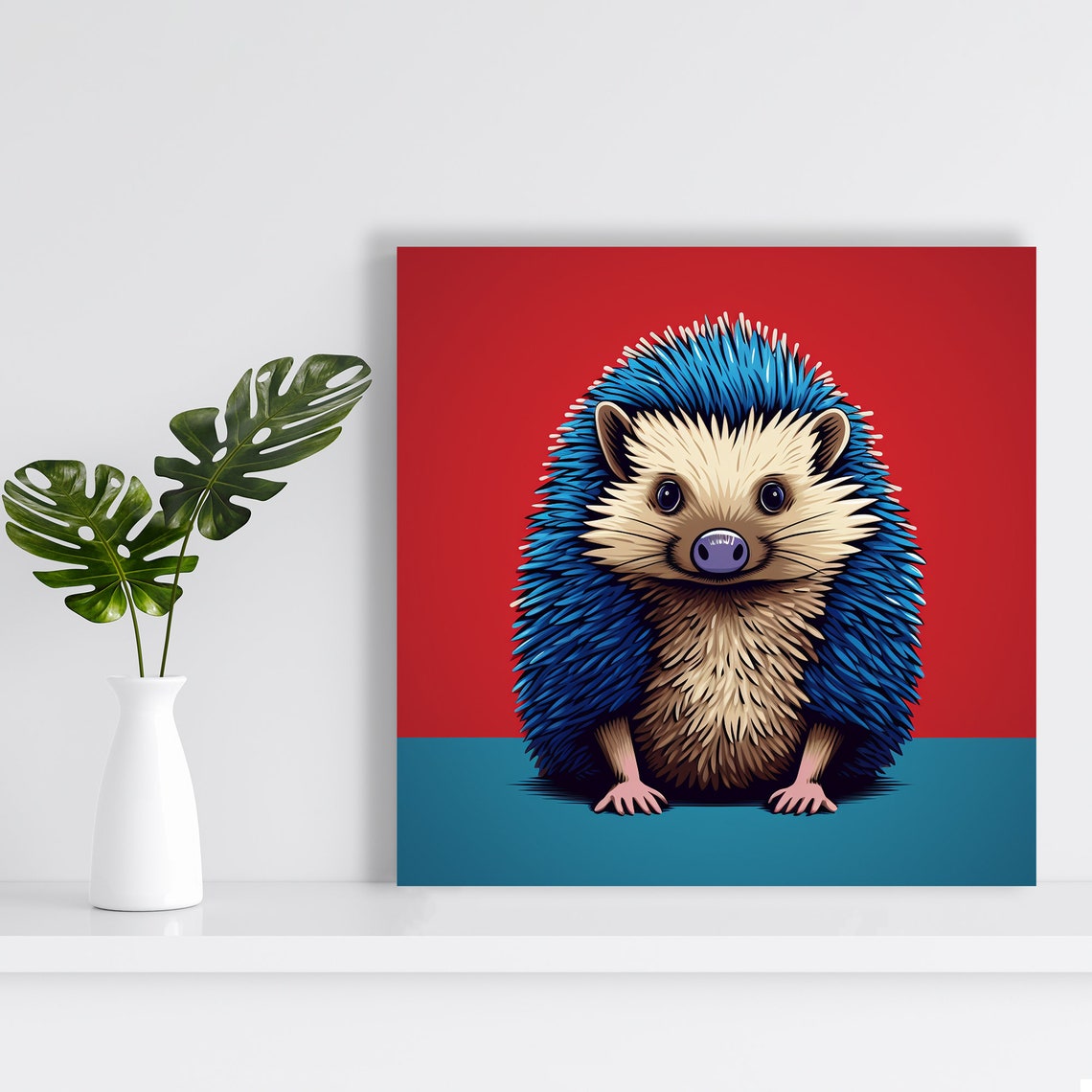 Cute Blue Spined Hedgehog Red Background Modern Pop Art Poster - Image 2