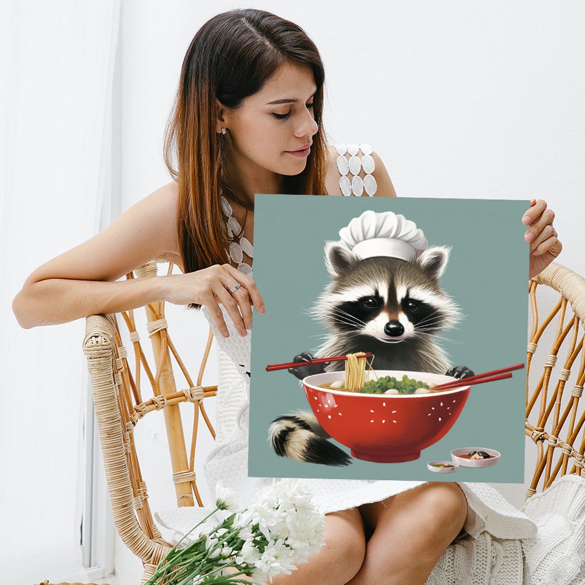 Raccoon Chef Eating Ramen with Chopsticks Funny Kitchen Wall Poster - Image 3