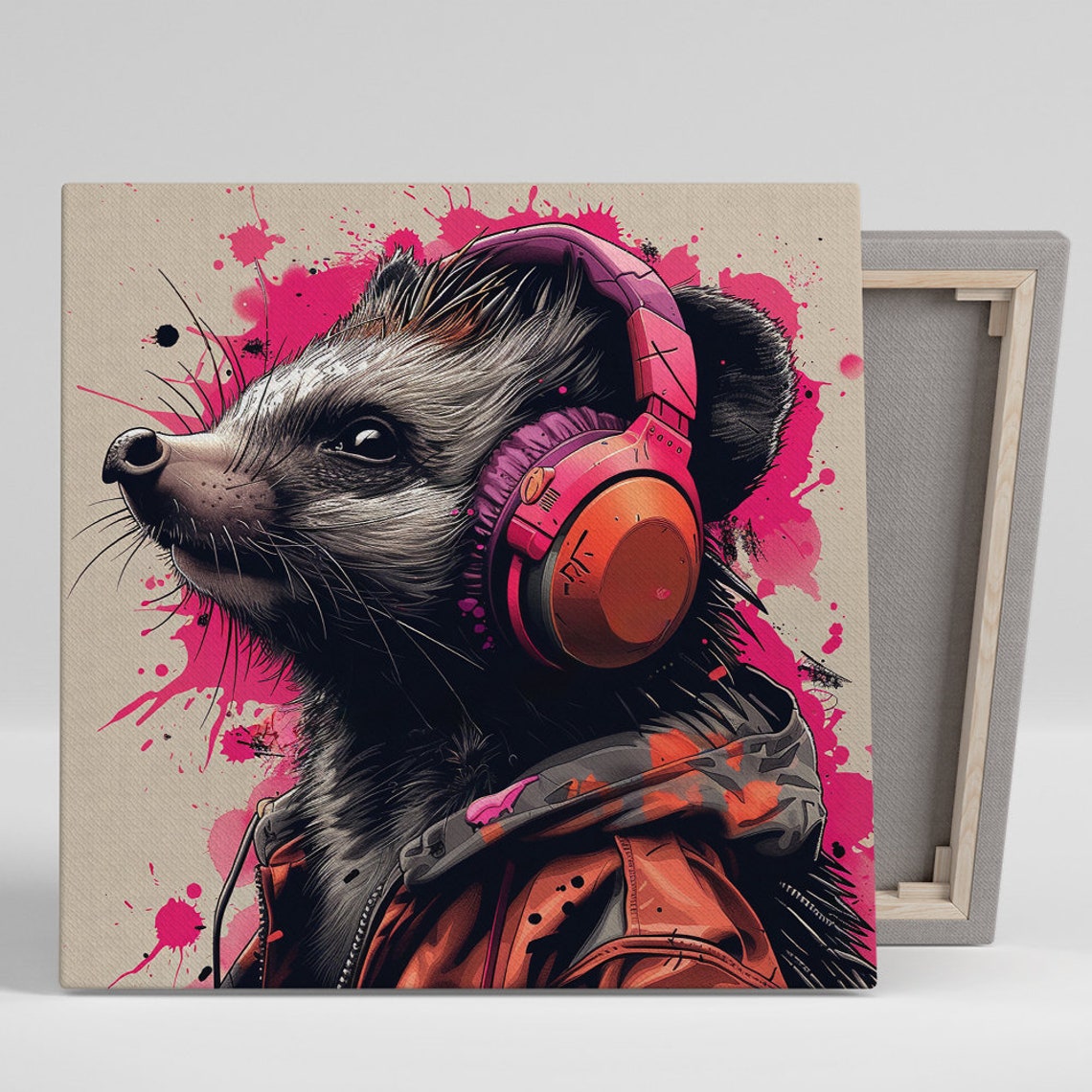 Raccoon With Pink Headphones Graffiti Splash Music Animal Poster